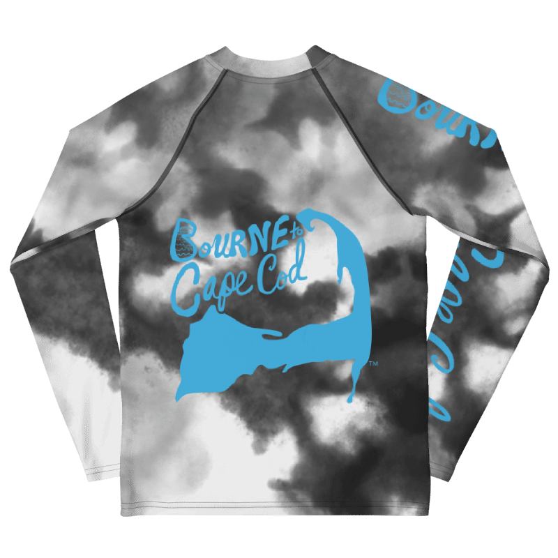 YOUTH | Rash Guard | BRN.2C.C.™ Front Graphic | BOURNE to Cape Cod™ Sleeve & Back Logo | Coastal Swim Shirt for Kids | UV Protection Activewear | Blue Logo on Dark Grey Tie-Dye product image (2)