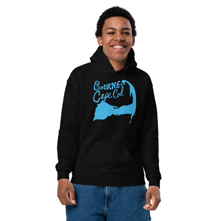 Boys' | BOURNE to Cape Cod™ | DTG Vintage Print | Youth Heavy Blend Hooded Sweatshirt | Rugged, Cozy, Adventure-Ready | Blue Logo product image (2)