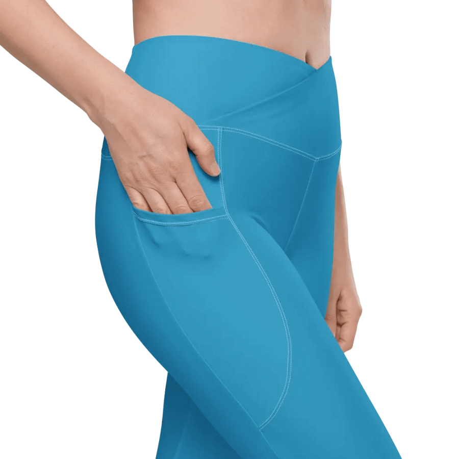 Plain Medium Blue Light Summer Women's High Waisted Premium Crossover Leggings with Pockets by Treasure Pie product image (8)