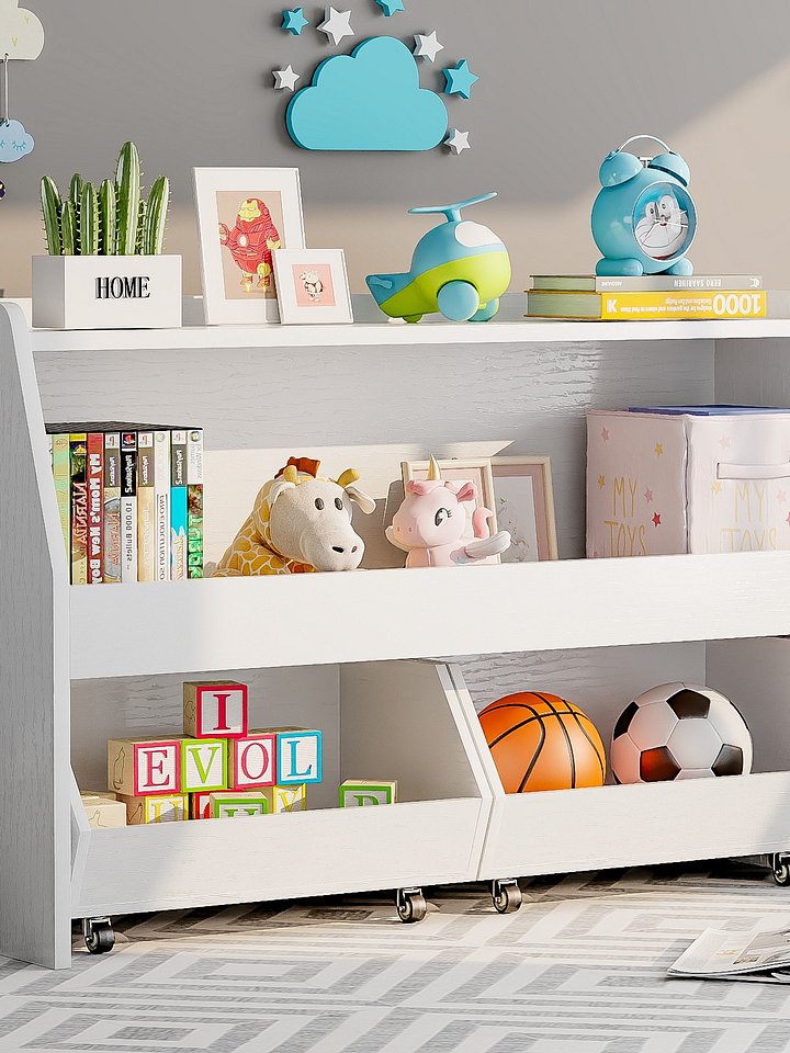 2-Tier Portable Toy Storage, Kids Toy Organizer W/2 Removable Bins with 4 Wheels（White) product image (1)