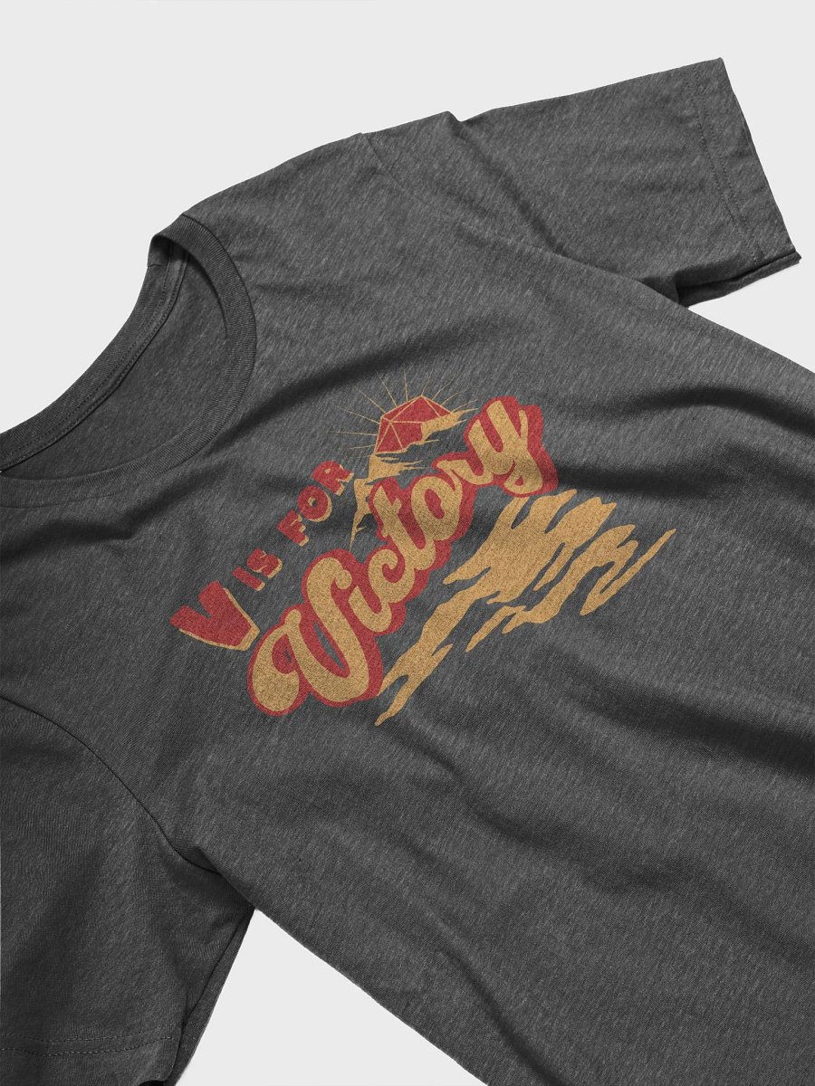 Retro D20 Sunrise Board Game Shirt, V is for Victory T-shirt, on Dark Grey product image (4)