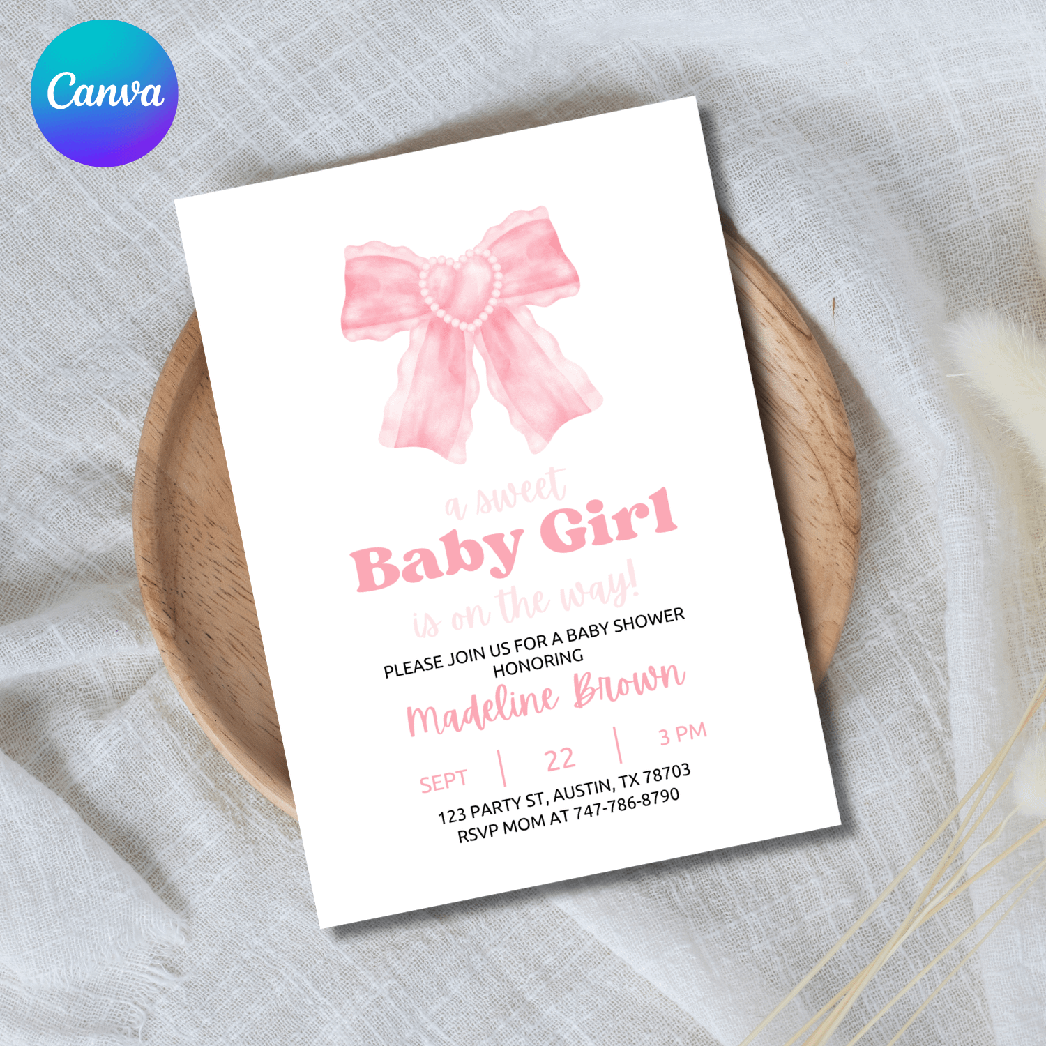 Baby Girl Shower Invitation Template – Canva Editable Ribbon and Lace Invite product image (1)