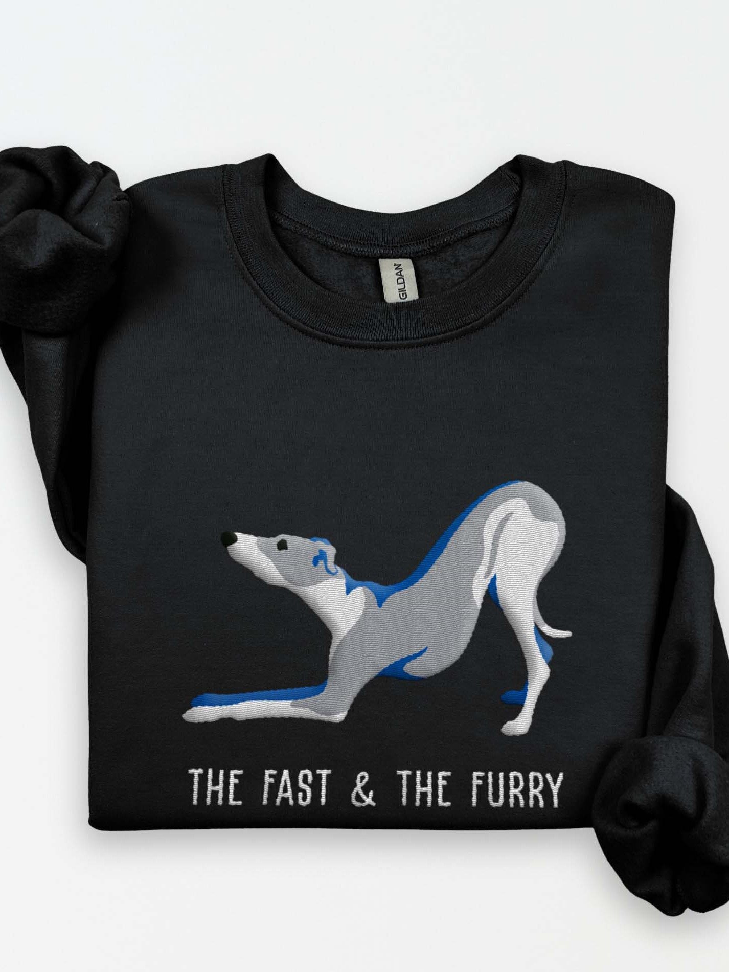 The Fast & the Furry Sweatshirt (Embroidered) of an Italian Greyhound(Blue & White) product image (1)
