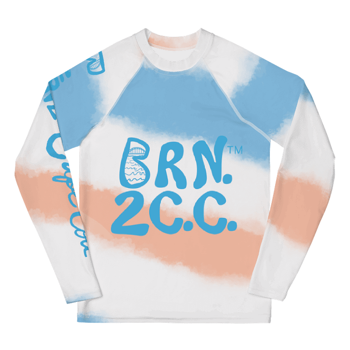 YOUTH | Rash Guard | BRN.2C.C.™ Front Graphic | BOURNE to Cape Cod™ Sleeve & Back Logo | Coastal Swim Shirt for Kids | UV Protection Activewear | Blue Logo | Diagonal Patriotic Stripes product image (1)