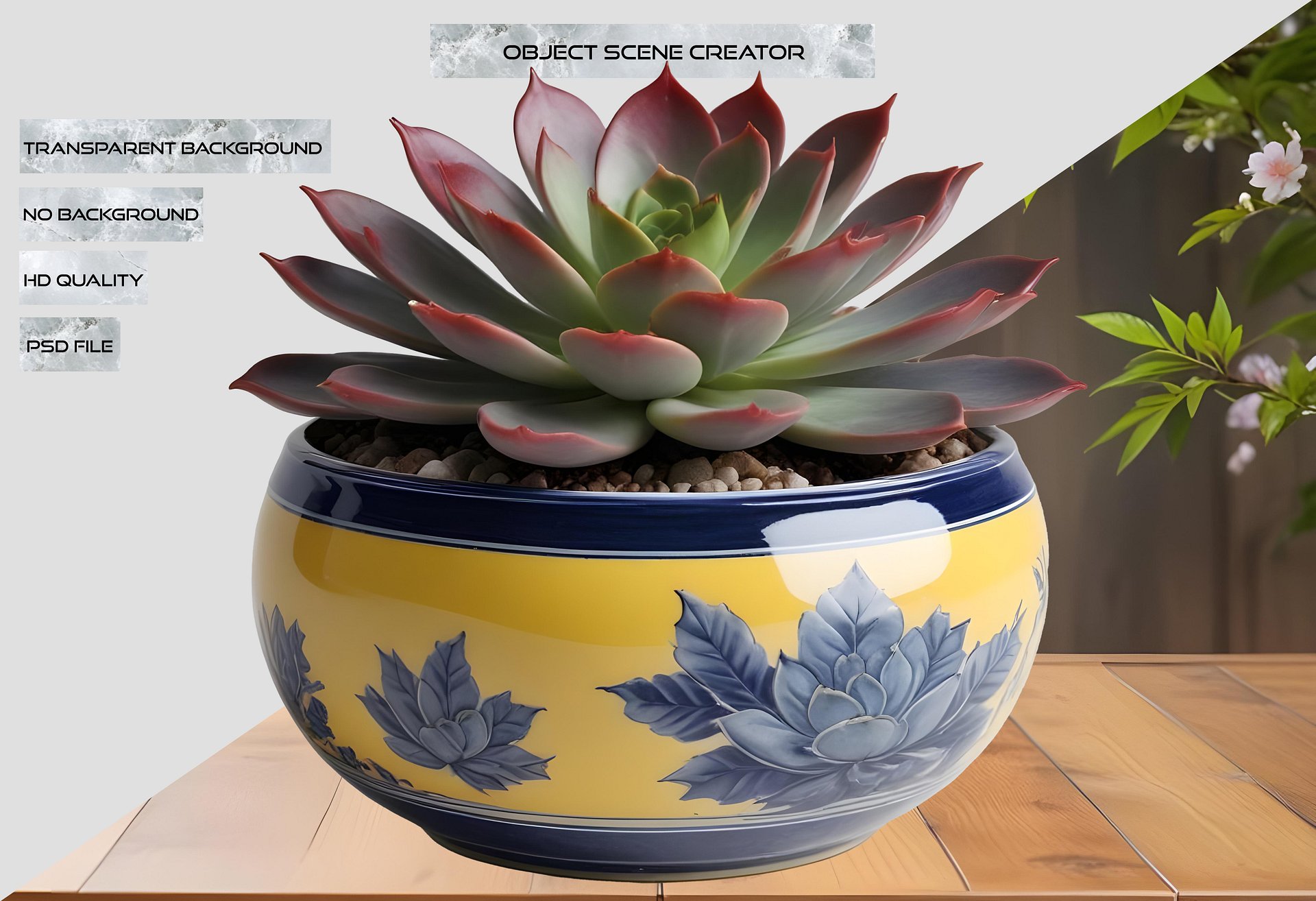 Chinese Porcelain Pot with Succulent – Yellow and Blue Floral Design PNG product image (2)