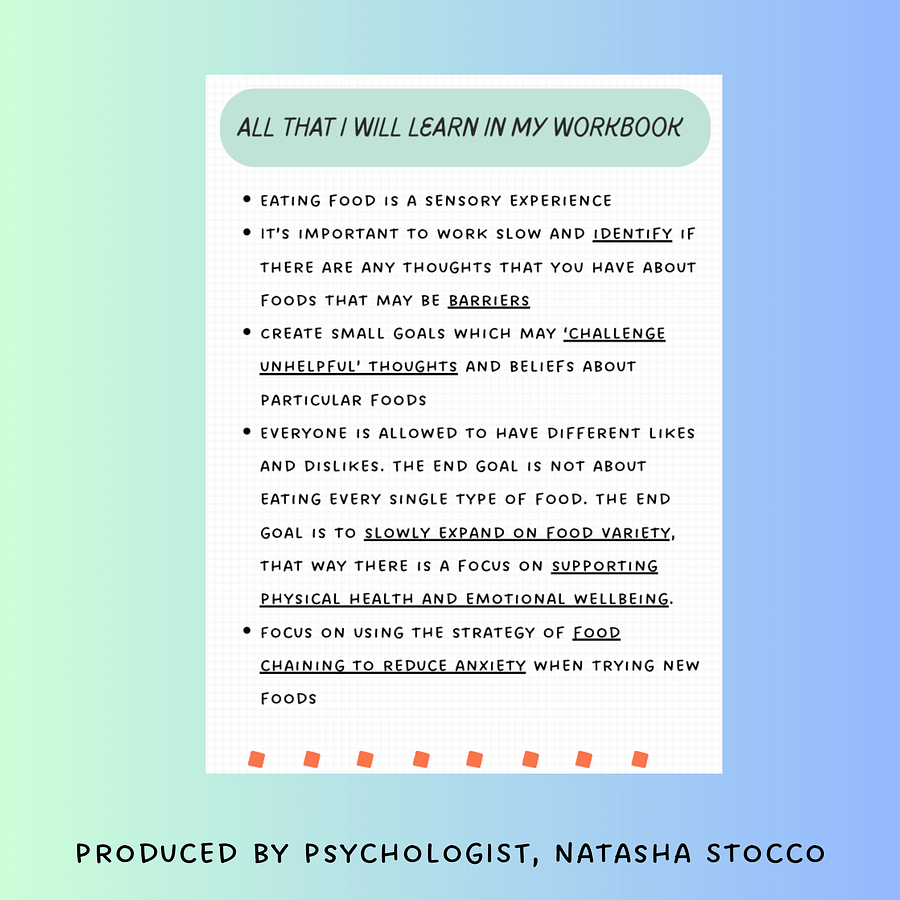 ARFID workbook, CBT ARFID worksheets, avoidant-restrictive food intake disorder, food chaining, arfid, autism, sensory processing, ndis product image (6)