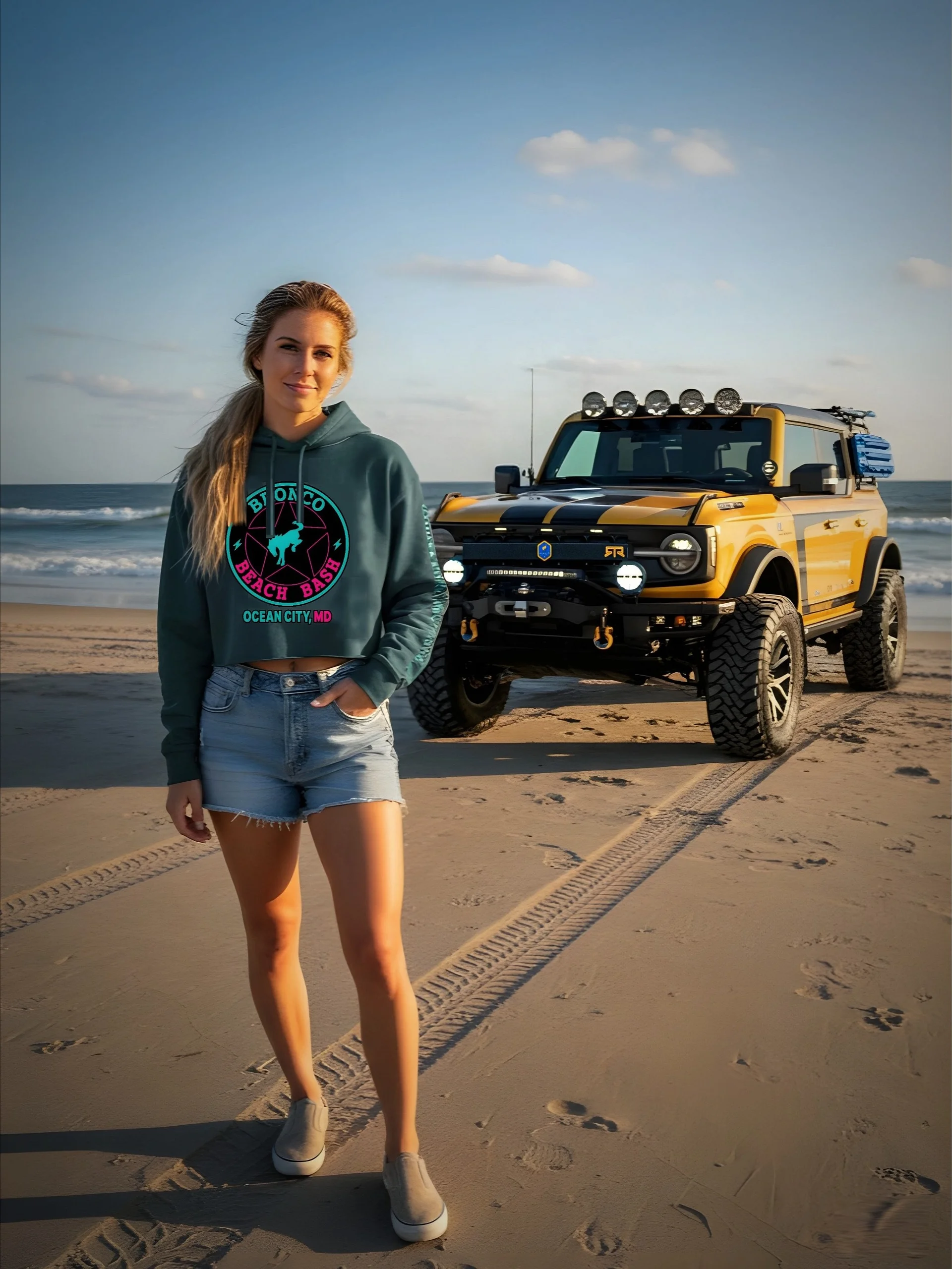 2025 Bronco Beach Bash Ocean City / Destination Bigfoot Bronco Collab | Bella+Canvas Fleece Women's Crop Hoodie (Multiple Colors Available) product image (1)