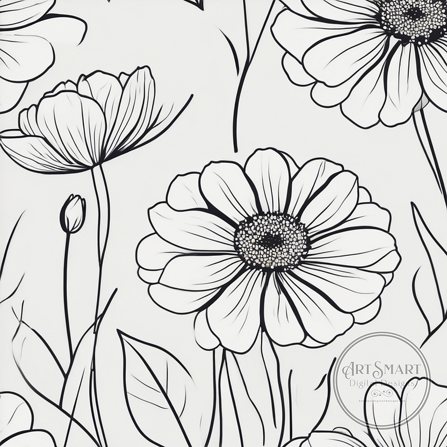 Seamless Pattern - Sketched Daisies in Black and White product image (1)
