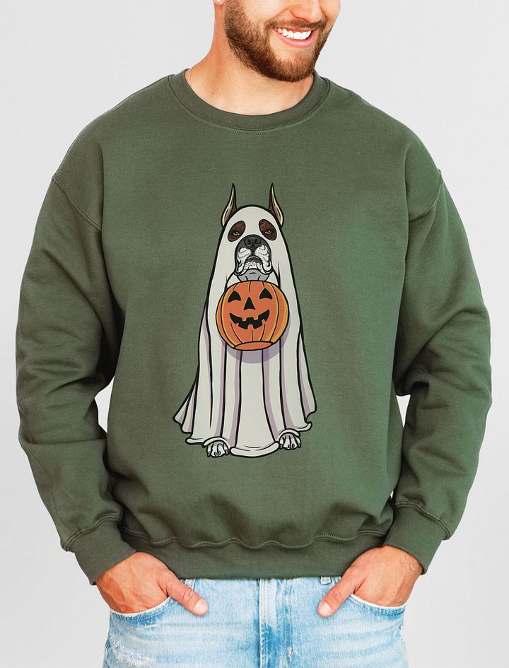Funny Halloween Boxer Dog(Brindle, Cropped Ears) Sweatshirt | Funny Boxer Wearing a Ghost Costume and Holding a Pumpkin Basket product image (1)
