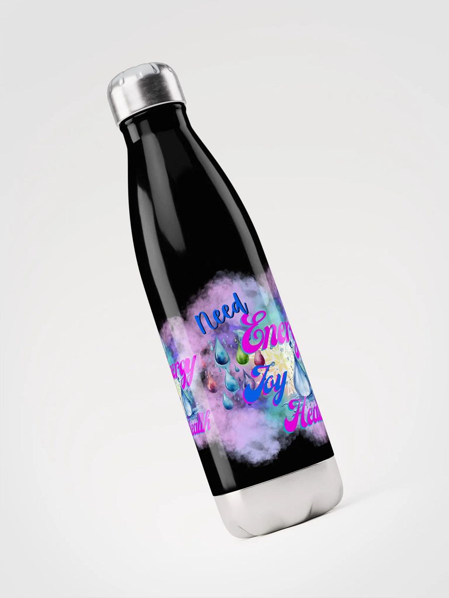 Stainles steel water bottle with beautiful swirly blue water drop splash and drops design featuring ' Need  Energy Love Health product image (3)