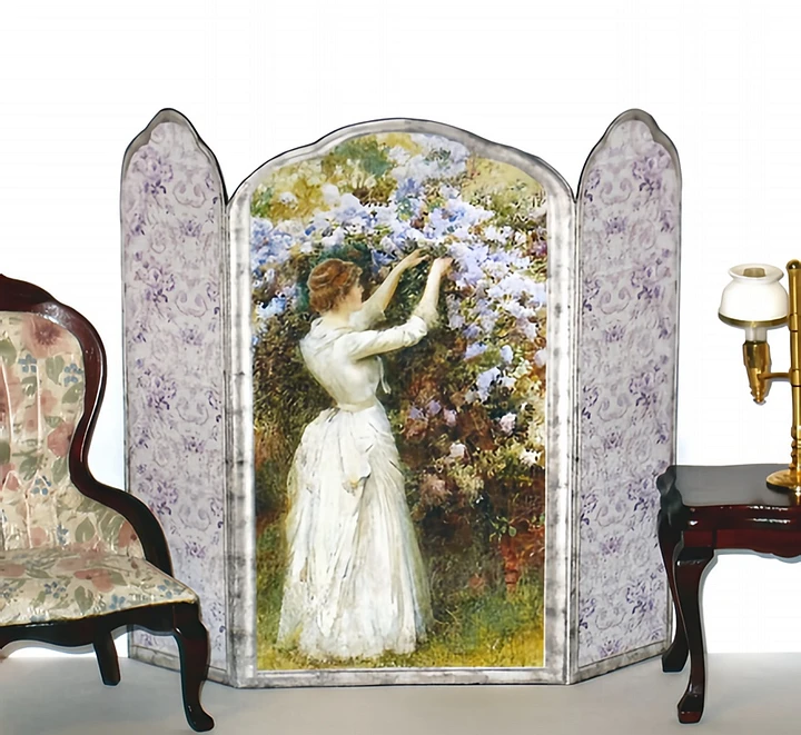 Victorian Lady and Lilacs Dollhouse Miniature Room Screen 1:12 Scale N016 product image (1)