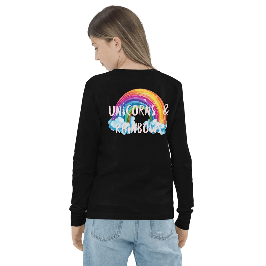 Floral Unicorn with Rainbow Black Long Sleeve Front and Back product image (6)