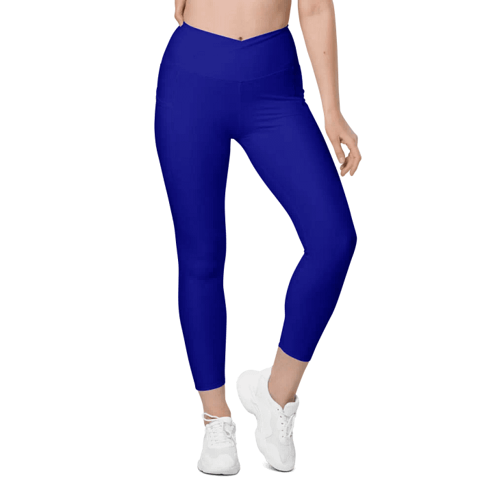 Plain Color Navy Blue Crossover Leggings with Pockets product image (1)