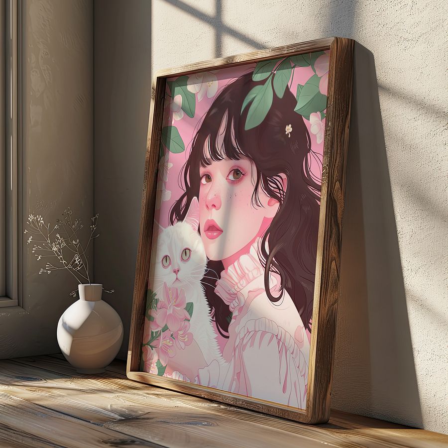 Girl with White Cat Portrait Coquette Art Print product image (25)