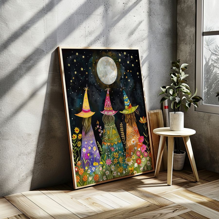 Whimsical Witches Under The Fullmoon Colorful Art Print product image (24)