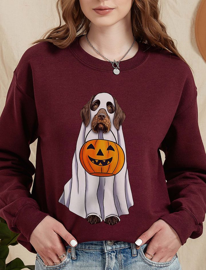 German Wirehaired Pointer Halloween Sweatshirt | Funny Halloween GWP Wearing a Ghost Costume with Pumpkin Basket product image (14)