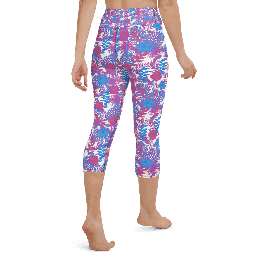 Yoga capri  leggings blue and pink colors tropical leaves design. Perfect for holiday vibes product image (1)
