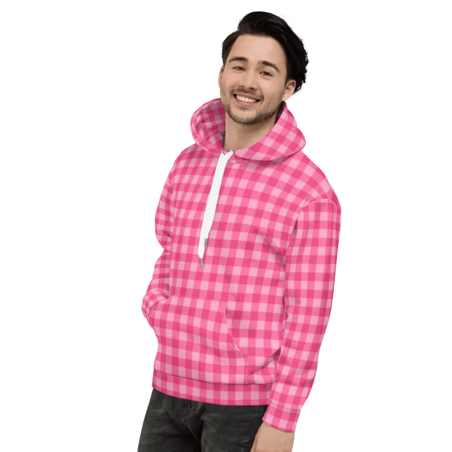 Bright Pink Checkered Plaid Hoodie product image (4)