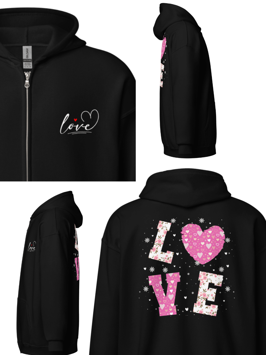 Cursive Love on Front and L ❤ V E on Back Zip Up Hoodie (Front & Back) product image (1)