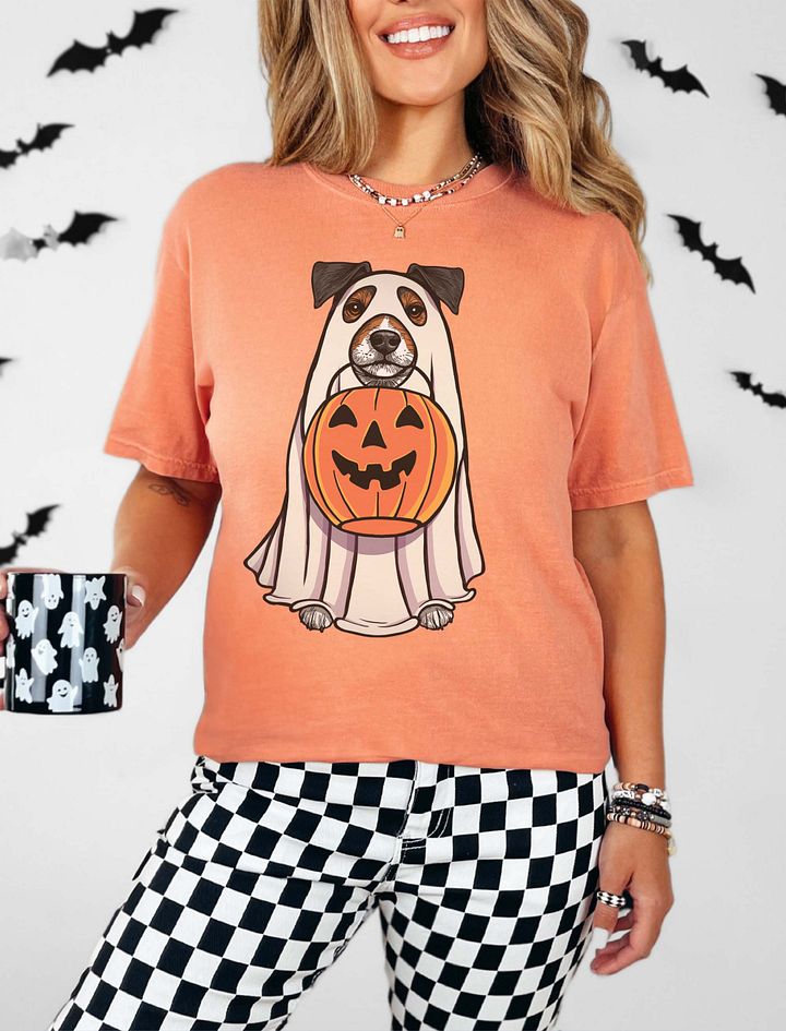 Funny Halloween Jack Russell Terrier(Grizzle) T-Shirt | Funny JRT Wearing a Ghost Costume and Holding a Pumpkin Basket product image (19)
