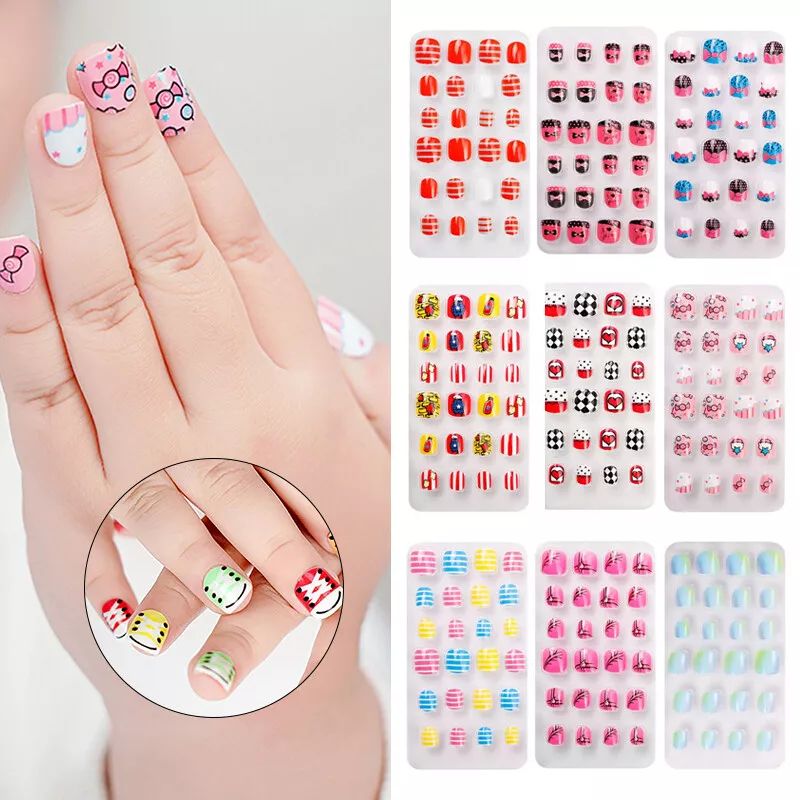 24Pcs Kids Childrens Girls Fake Stick Press On False Nails Full Cover Pre-glue product image (3)