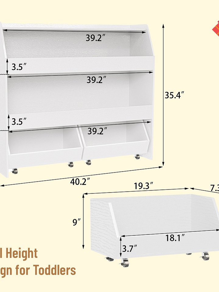 3-Tier Portable Toy Storage, Kids Toy Organizer W/2 Removable Bins with 4 Wheels（White) product image (2)