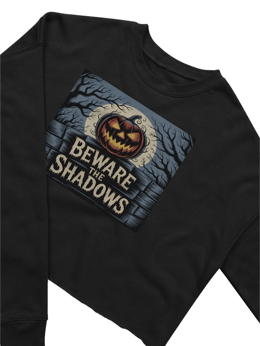 Beware of Shadows Women's Fleece Crop Sweatshirt - Black Gothic Pumpkin Design by Midnight Veil Designs product image (3)
