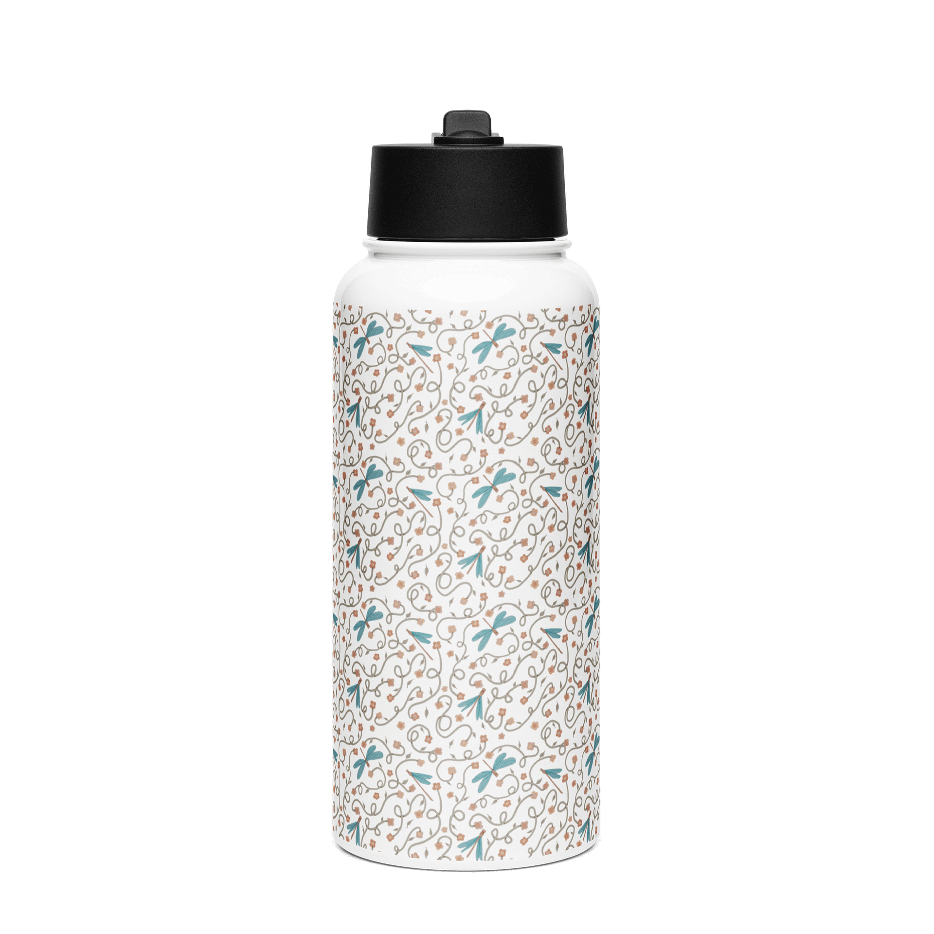 Stainless steel water bottle with straw lid. Dragonfly and floral artistic design product image (1)