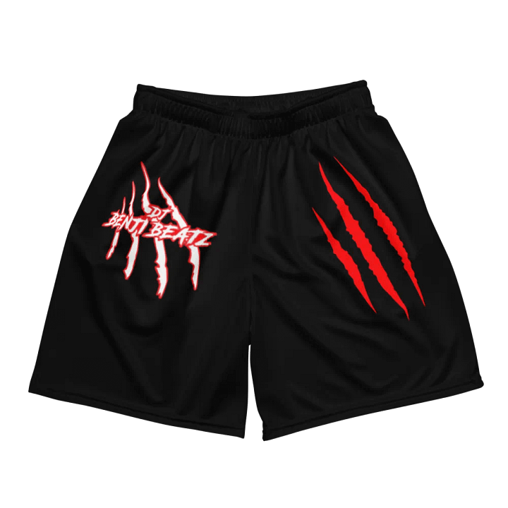 "DJ Benji Beatz Logo with Scars (Red)" All-Over Print Recycled Unisex Mesh Black Shorts product image (1)
