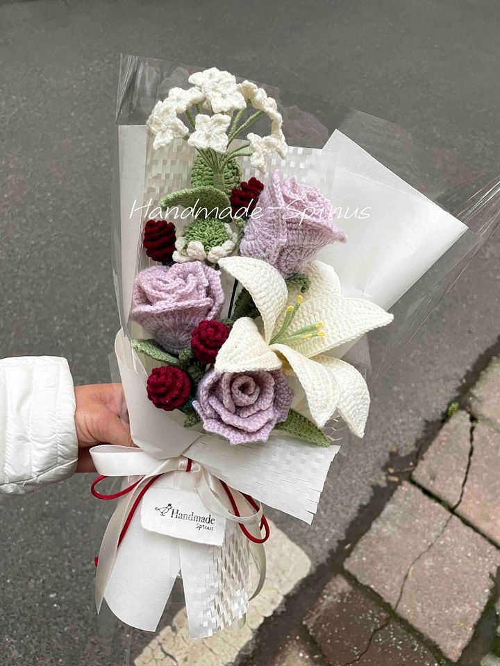 Pink Roses, Lilies And Red Crochet Knit Bouquet product image (2)