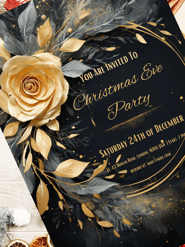 3D Gold Rose Christmas Eve Party Invitation | Editable in Canva | Christmas Party Printable | Holiday Invitation Template | Link to Canva product image (2)