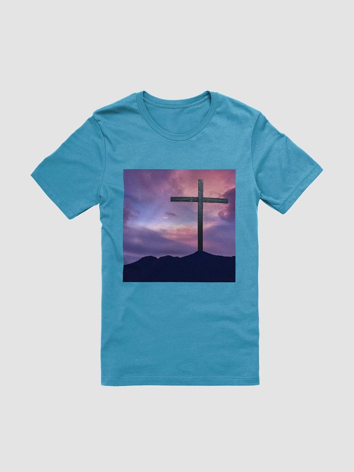Wooden cross standing on a hill, silhouetted against a vibrant and colorful sky transitioning from deep purples to pinks t-shirt product image (1)