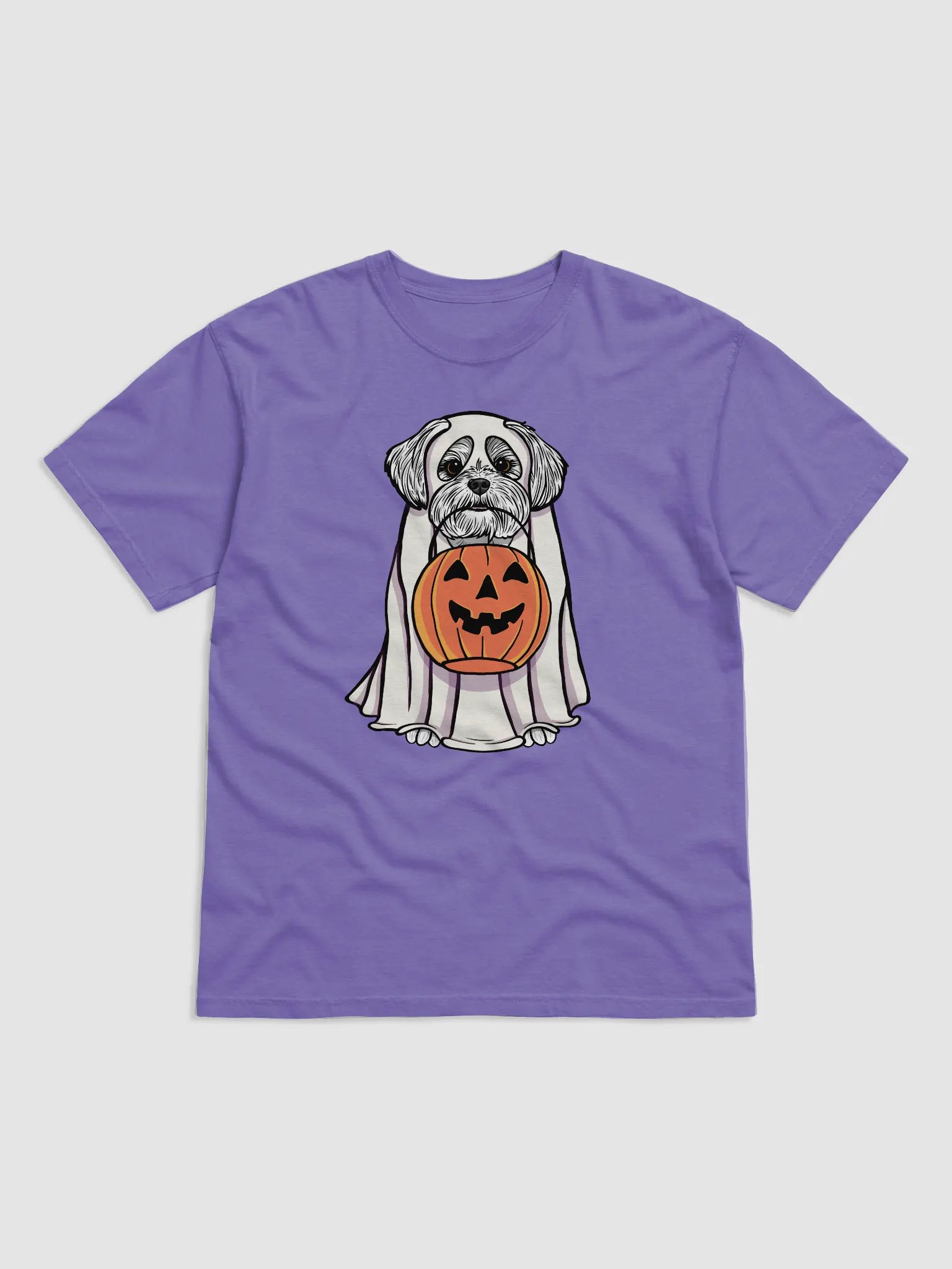 Funny Halloween Maltese T-Shirt | Funny Maltese Wearing a Ghost Costume and Holding a Pumpkin Basket product image (27)