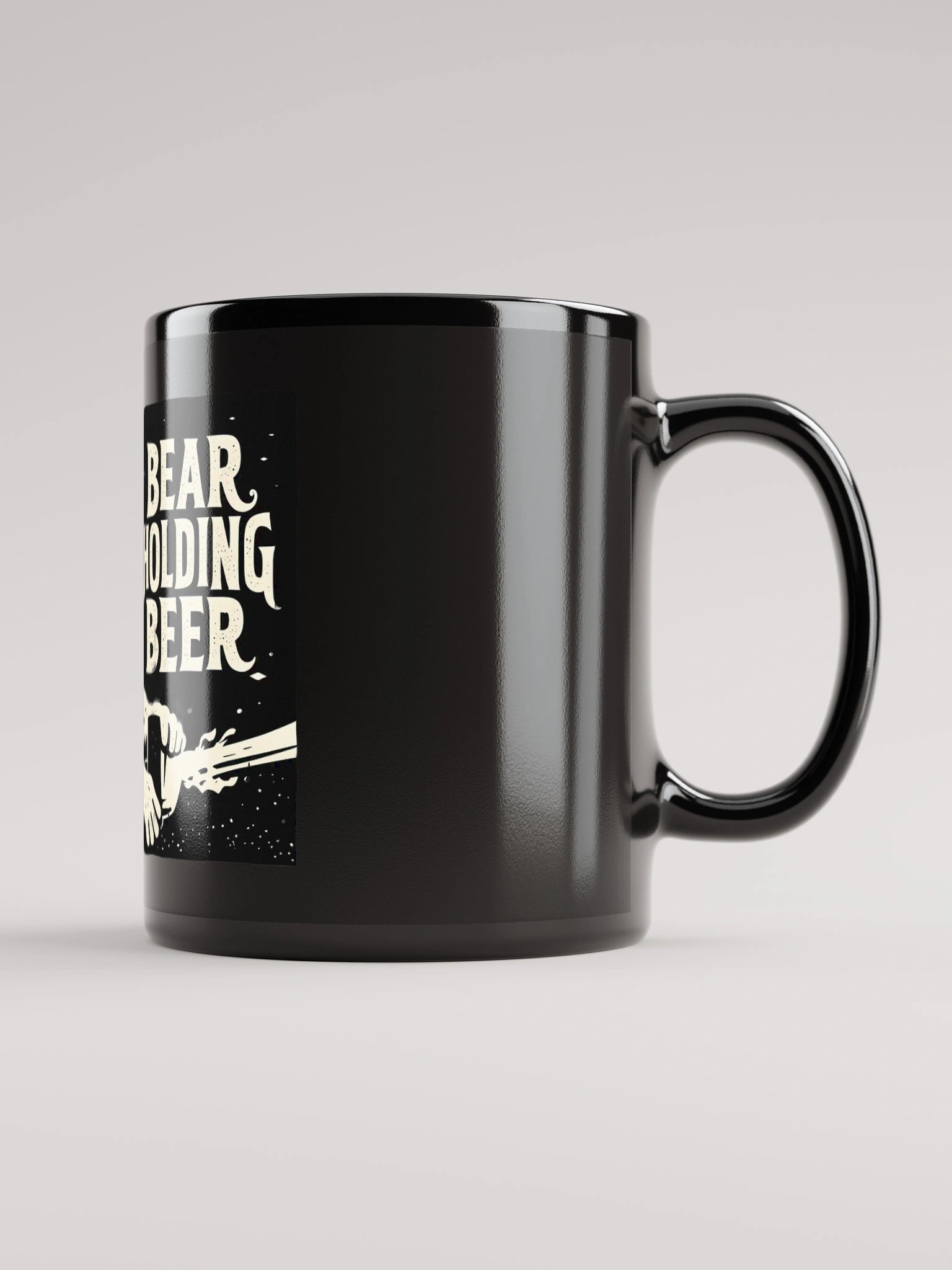Whimsical Bear with Beer | Linocut Art Print Black Glossy Mug product image (1)