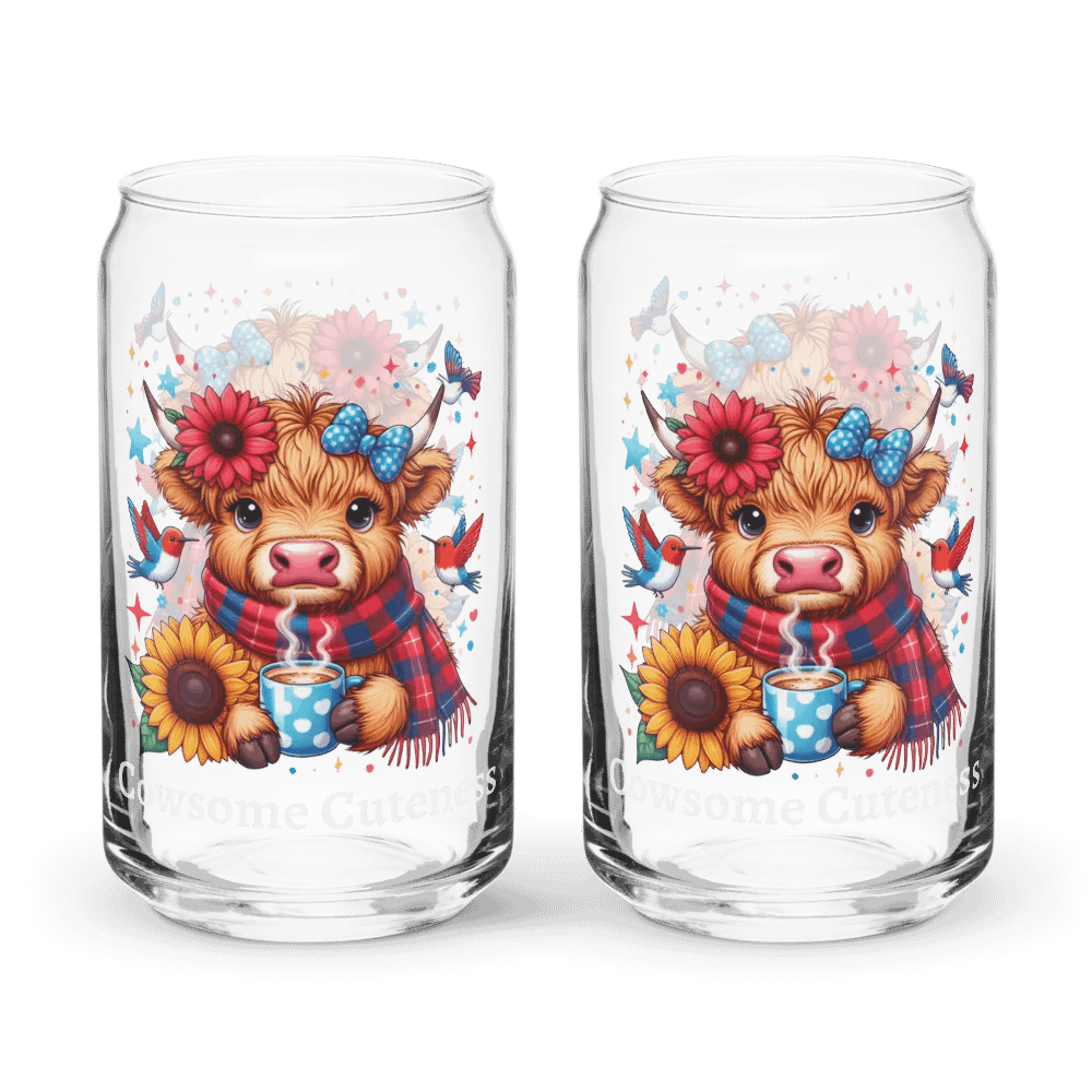 Floral Highland Cow With Humming Birds Drinking Coffee Can-Shaped Glass product image (1)