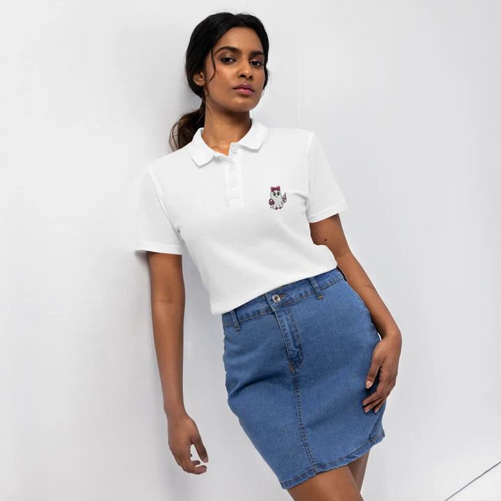 Cute Ghost Embroidered Semi-Fitted Women's Cotton Polo Shirt product image (2)
