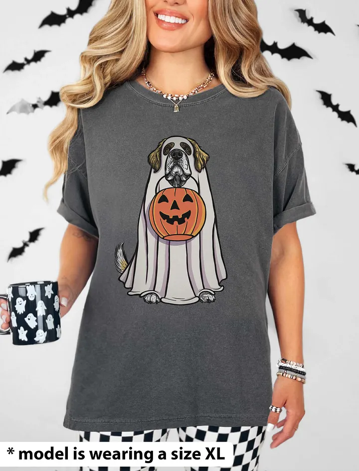 Funny Halloween Saint Bernard(Yellow) T-Shirt | Funny Dog Wearing a Ghost Costume and Holding a Pumpkin Basket product image (14)