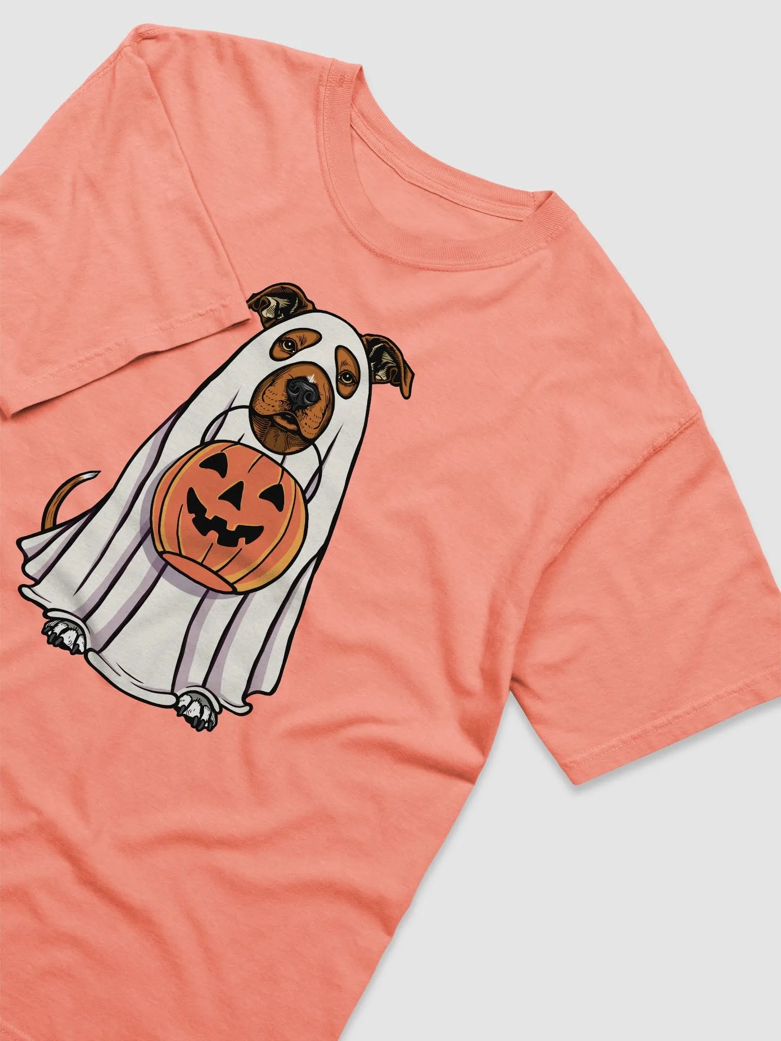 Funny Halloween Pitbull Terrier(Red) T-Shirt | Funny Pittie Wearing a Ghost Costume and Holding a Pumpkin Basket product image (24)