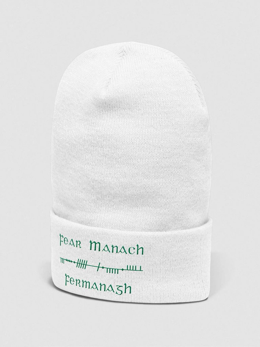 Fermanagh/Fear Manach, White with Green, Scholastic Style Ogham embroidered Cuffed Beanie product image (2)