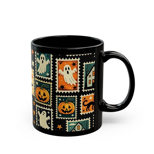 New in the Shop: Halloween-Themed Black Mug, Spooky Stamp Design, Perfect for Autumn, Gift for Cat Lovers, Trick or Treat Cel...