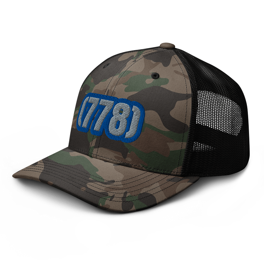 Bold Blue Outlined 778 AREA CODE Camo Trucker Hat product image (4)