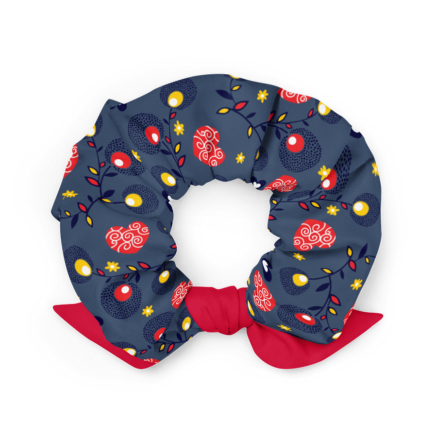 Navy Folk Floral Scrunchie with Red Bow | Sustainable Hair Accessory product image (2)