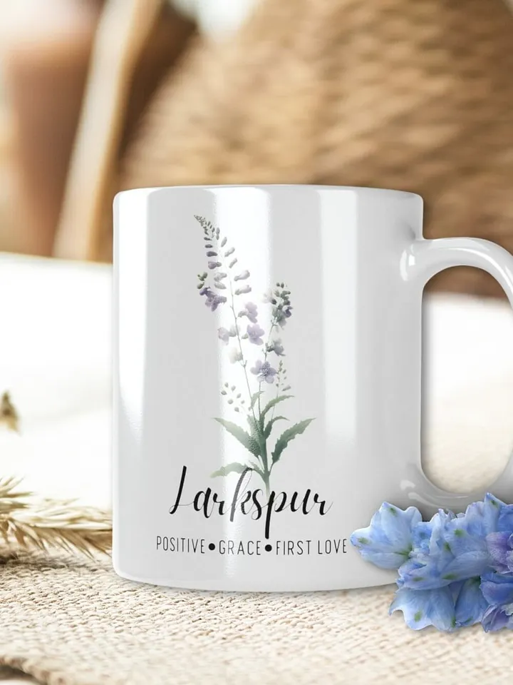 Larkspur Ceramic White Mug: Positive, Grace, First Love, July Birth Month Flower product image (2)