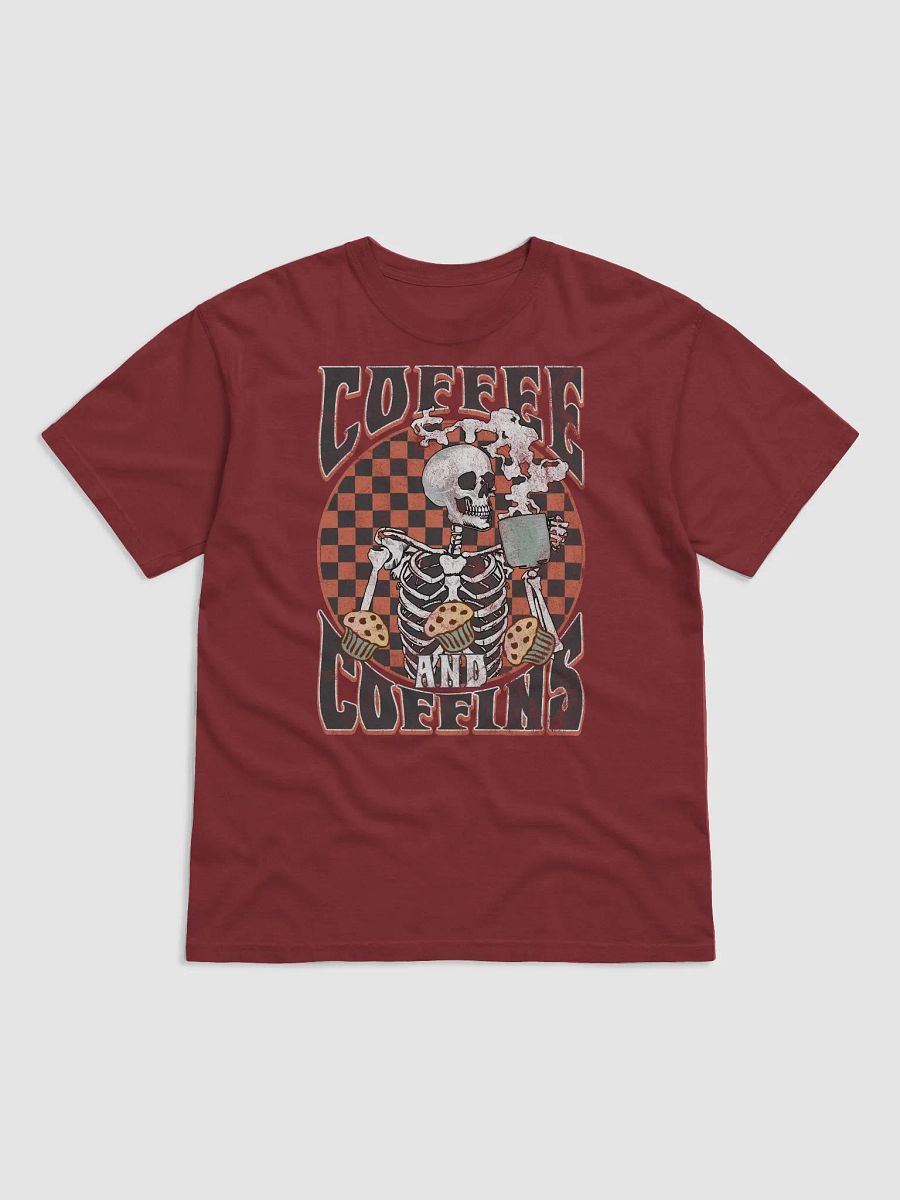 Coffee and Coffins Skeleton Drinking Coffee T-Shirt | Funny Fall and Halloween Skeleton Design for Coffee Lovers product image (8)