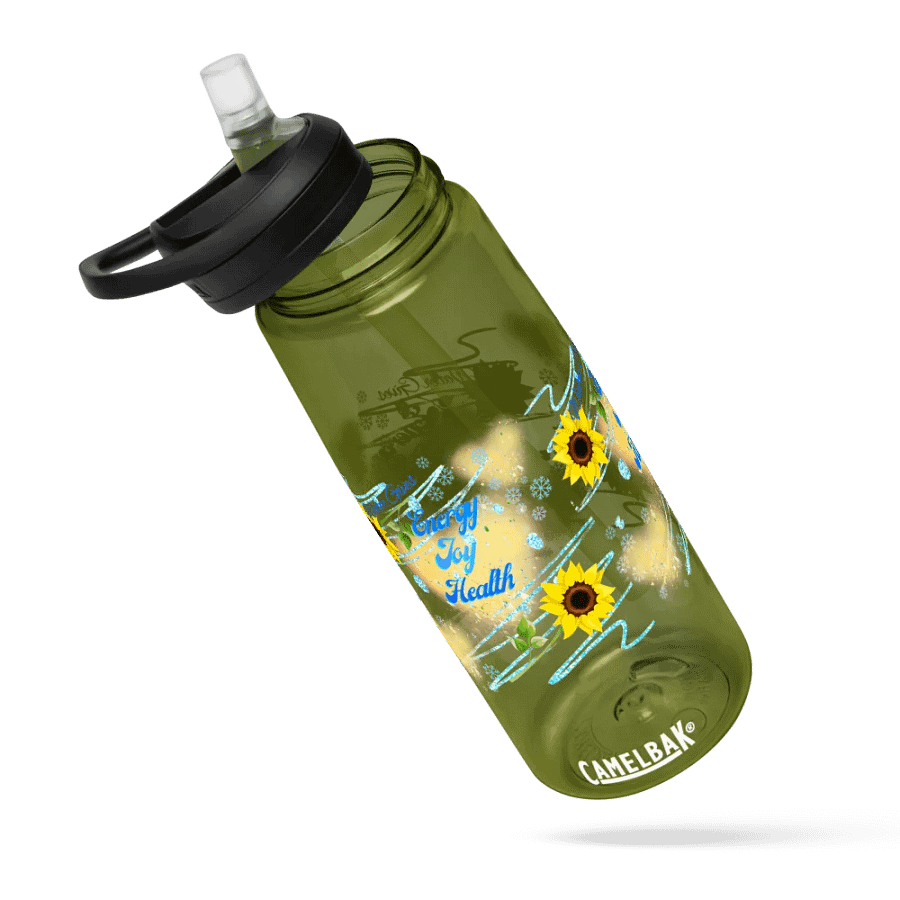 Camelback water bottle   with beautiful sunflowerr blue water drops  featuring ' This water gives Harmony in Body and Mind