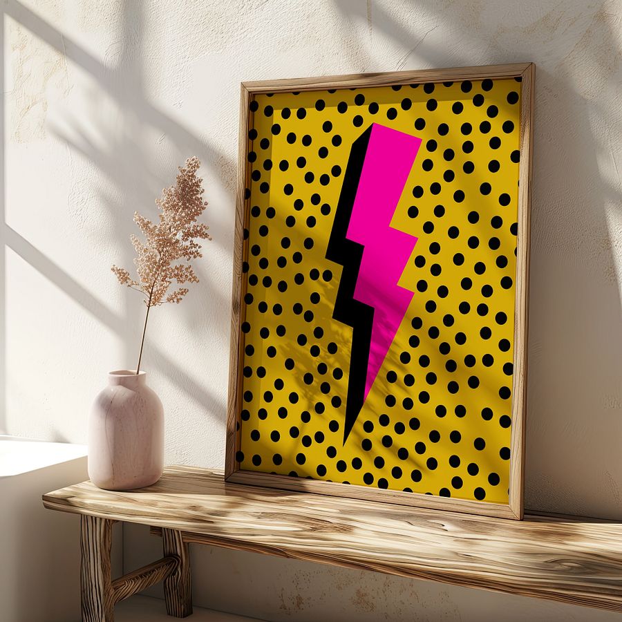 Pink Lightening Bolt on Yellow Dotted Retro Art Print product image (7)
