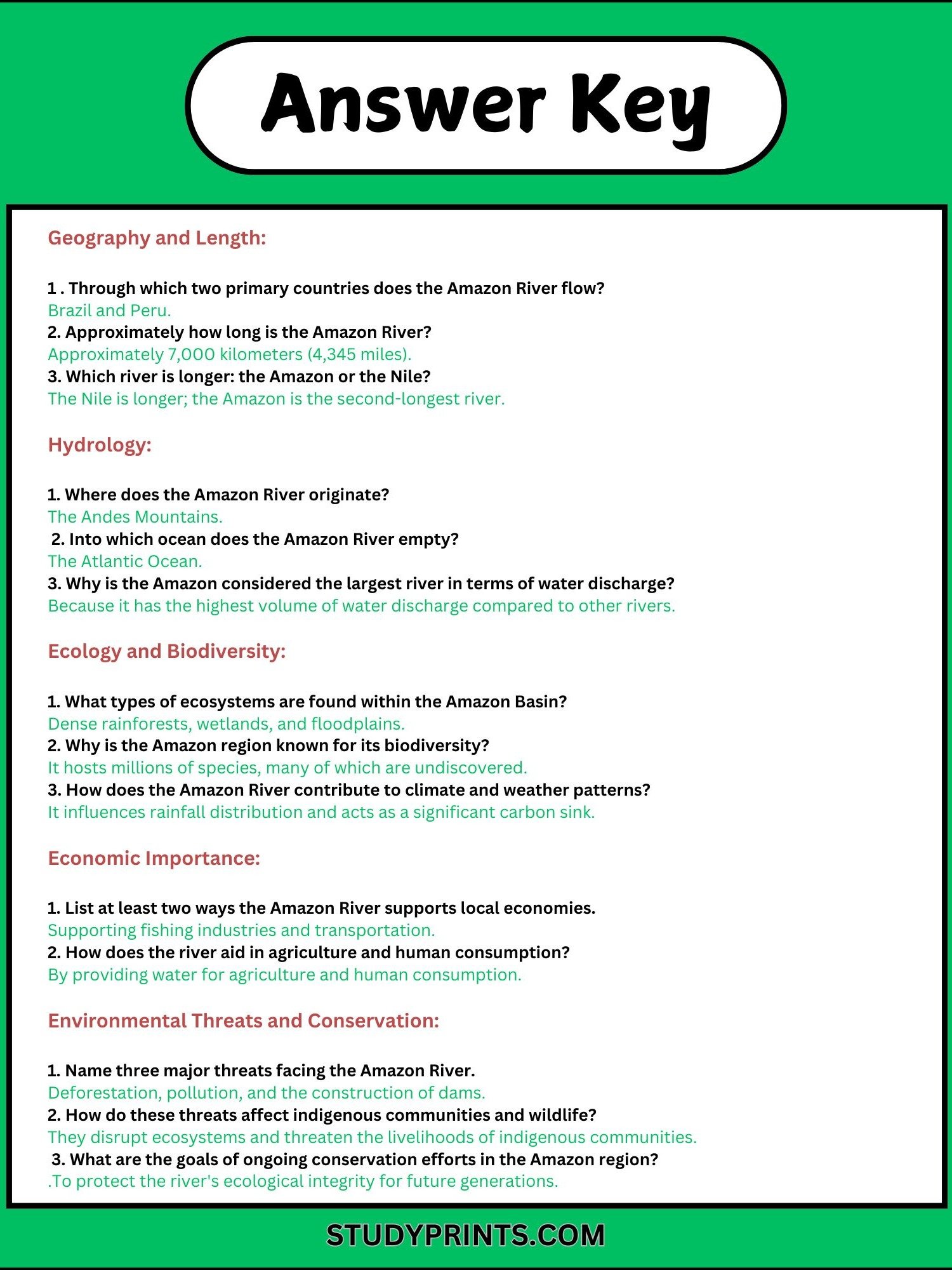 Amazon River Reading Comprehension Worksheet with Questions & Answers product image (3)