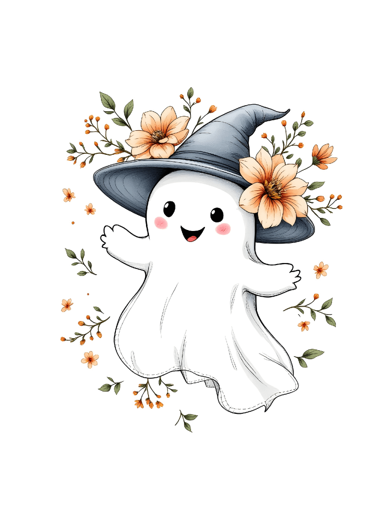 21 Simple and Elegant Smiling Ghost Clipart with Pose, Hat, and Floral Design - Charming Digital Art Collection for Halloween Decor and Projects product image (5)