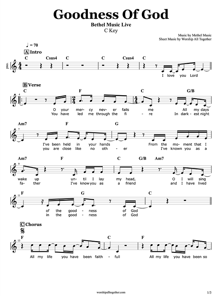 Goodness Of God (C Key) - Bethel Music | Sheet Music, Chord, Lyrics product image (1)