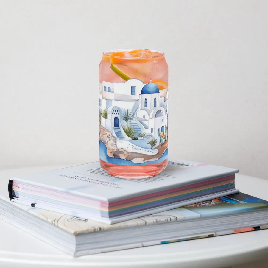Santorini Dreaming Glass Can Tumbler | 16oz | Greek-Inspired Beverage Glass with Bamboo Lid & Straw product image (4)
